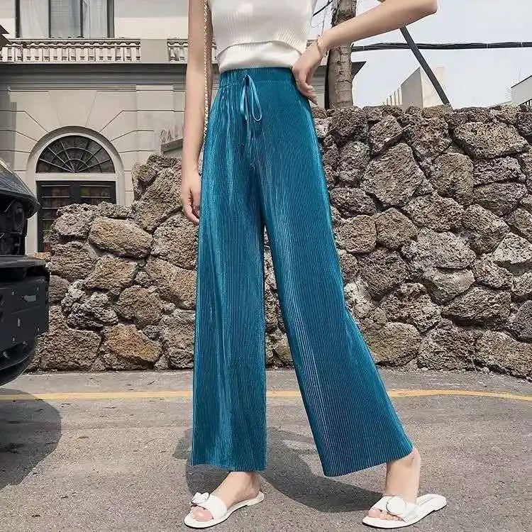 2026 Spring and Summer Loose Chiffon Ice Silk Women's Pants, Pleated Slim Wide-Leg Trousers