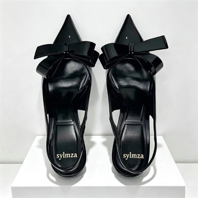Black Sexy Pointed Toe Thin High Heels Women Fashion Bow Open Toe Heeled Sandals Banquet Dress Shoe Luxury Designer Women Pumps
