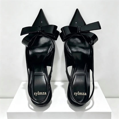 Black Sexy Pointed Toe Thin High Heels Women Fashion Bow Open Toe Heeled Sandals Banquet Dress Shoe Luxury Designer Women Pumps