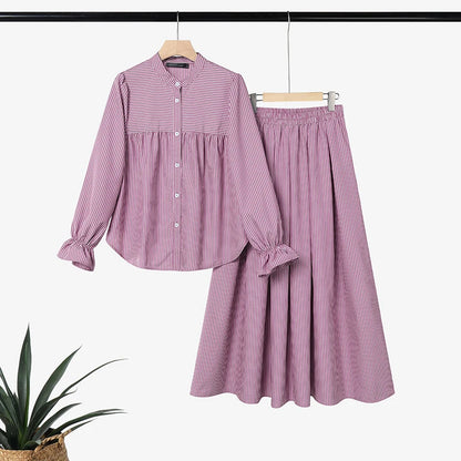 Elegant Women Muslim 2 Pieces Sets ZANZEA Summer Stand Neck Long Sleeve Bouse Skirt Suit Striped Outfits IsIamic Hijab Tracksuit