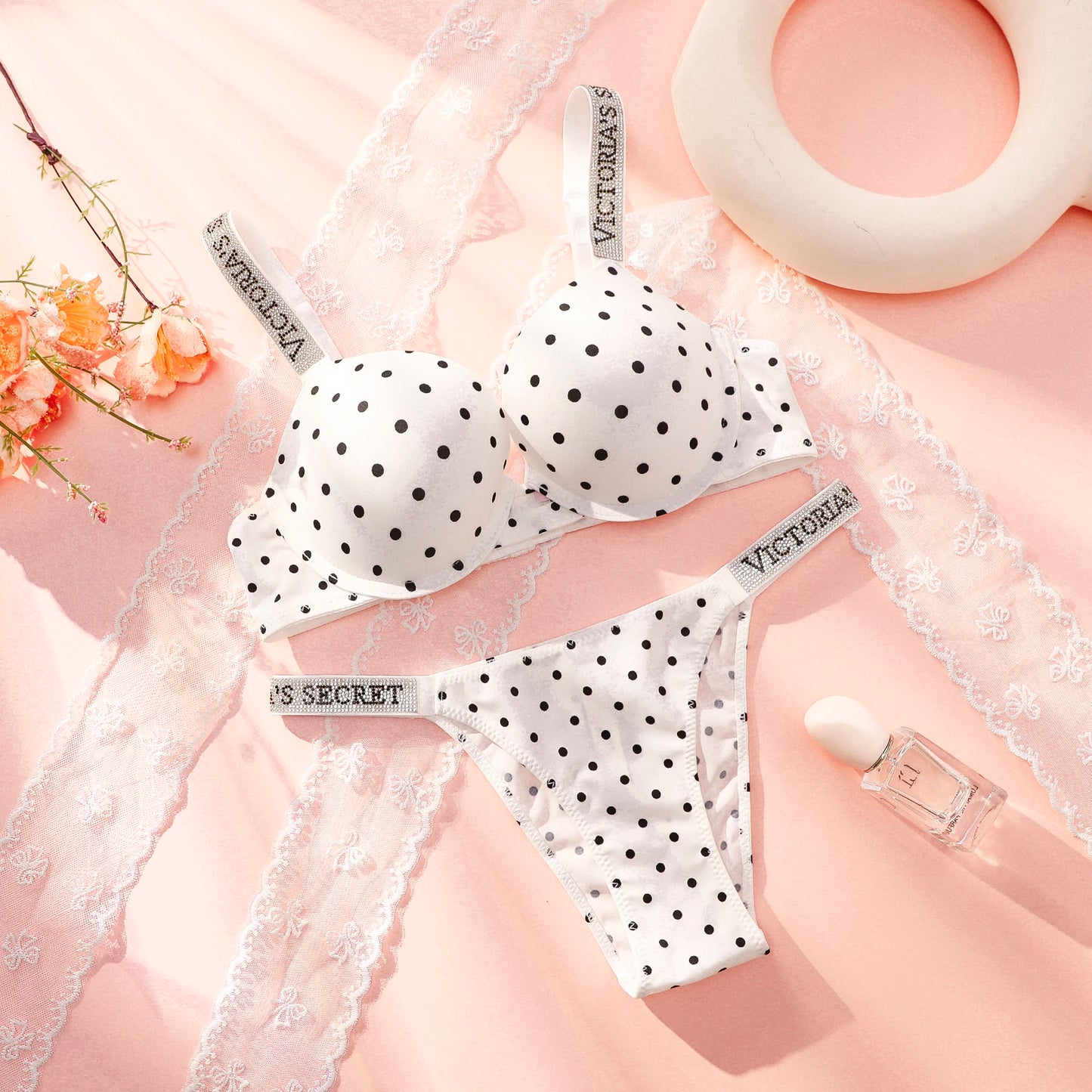 Victoria Secret Sexy Women Underwear Very Sexy Shine Script Polka Dot Push Up Bra Shine Script Thong Panty Set Hot