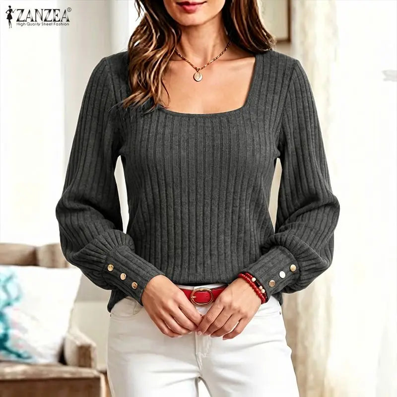 ZANZEA Woman Casual Ribbed Knit Blouses Suqare Neck Long Sleeve Solid Pullover Tops 2026 Autumn Daily Wear T-Shirts Streetwear