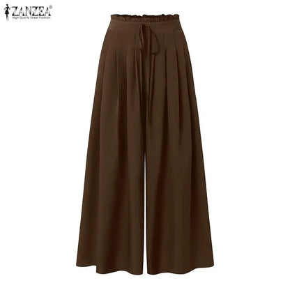 Fashion Summer Autumn Women Pants ZANZEA Wide Leg Pant Solid Pleated Long Trousers Elastic Waist Streetwear Oversize S-3XL