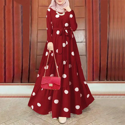 Women dress Eid Muslim Abaya Long Sleeve O Neck Dubai Abayas Ramadan Morocco Spliced Print Belt Long Robe Kaftan Casual Loose