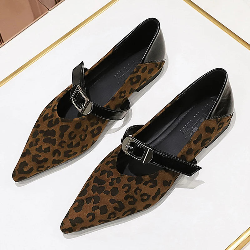 Leopard Print Women's Flat Shoes Women's Suede Shoes Pointed Tip Flat Heeled Banquet Shoes With Belt Buckle Ladies Shoes 2026
