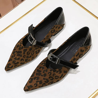 Leopard Print Women's Flat Shoes Women's Suede Shoes Pointed Tip Flat Heeled Banquet Shoes With Belt Buckle Ladies Shoes 2026