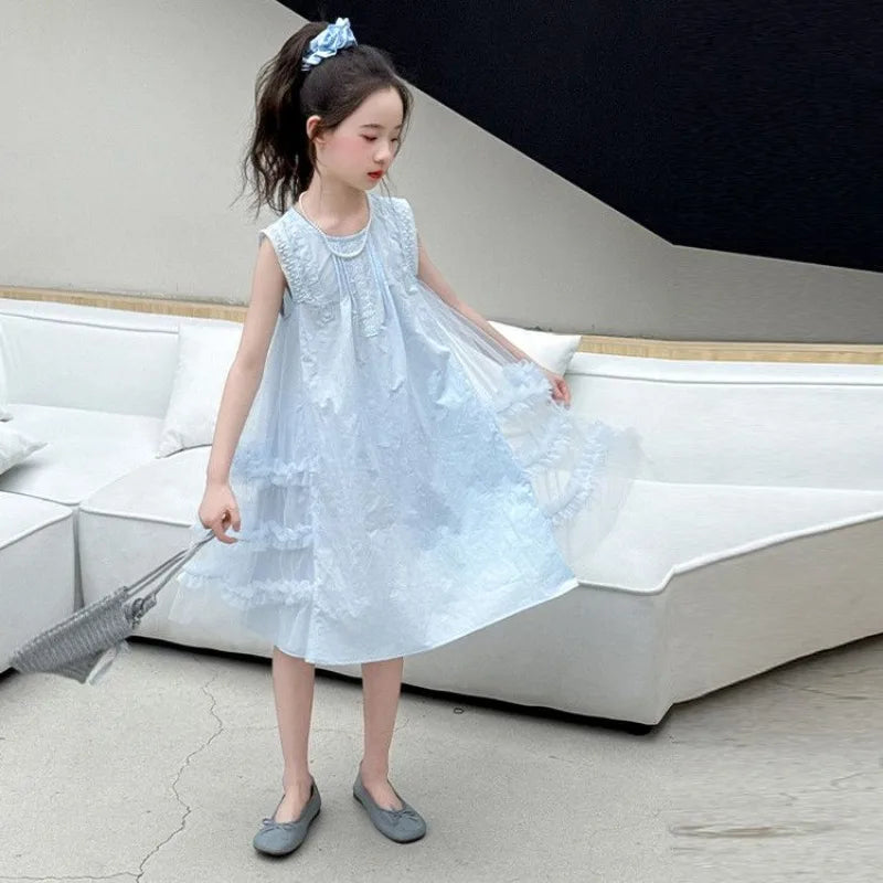 Mesh Skirt Summer Outfit for Girls Cotton Dress Elegant Girl Clothes 7 8 Years Kids Dresses 10 Old Sale Party Pink Princess Suit