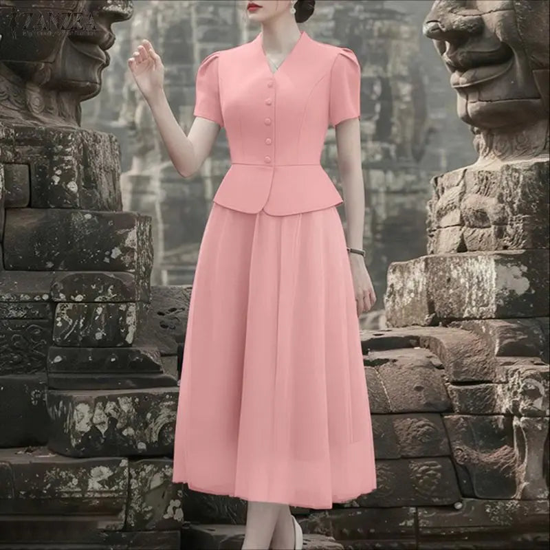 2026 ZANZEA Stylish Office OL Outfits Women Summer 2 Pieces Sets Elegant Short Sleeve Waisted Blouse Dress Sets Solid Skirt Suit