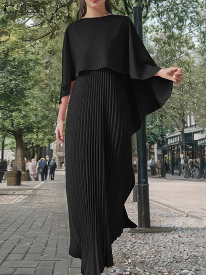 ZANZEA Spring Solid Party Work Dress Sets 2pcs Women Outfits Fashion Poncho Blouse Pleated Sundress Elegant Loose Matching Sets