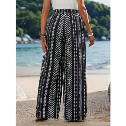 Plus Size 1XL-5XL New Women's Striped Printed Casual and Simple Wide Leg Pants Ladies Casual Lace Up Leg Pants