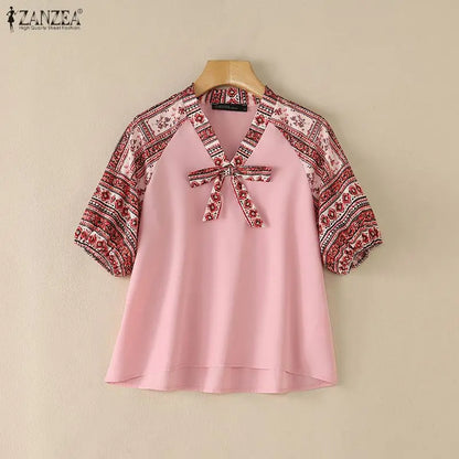 ZANZEA Bohemian Printing Patchwork Blouses Woman Elegant Tie Neck Lantern Sleeves Loose Tops Summer Casual Daily Wear Blusas