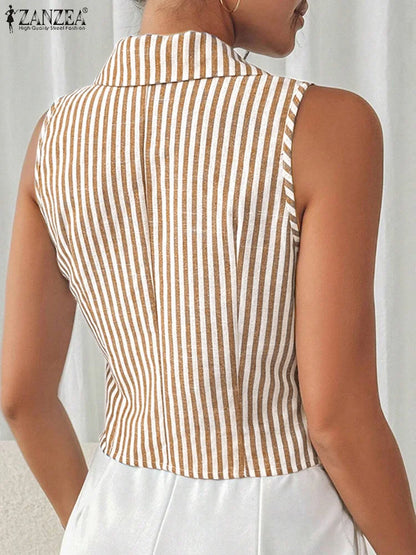 ZANZEA Womens Fashion Striped Waistcoat 2025 Summer Elegant Lapel Sleeveless Vests Tops Commute Office Lightweight Tank Tops