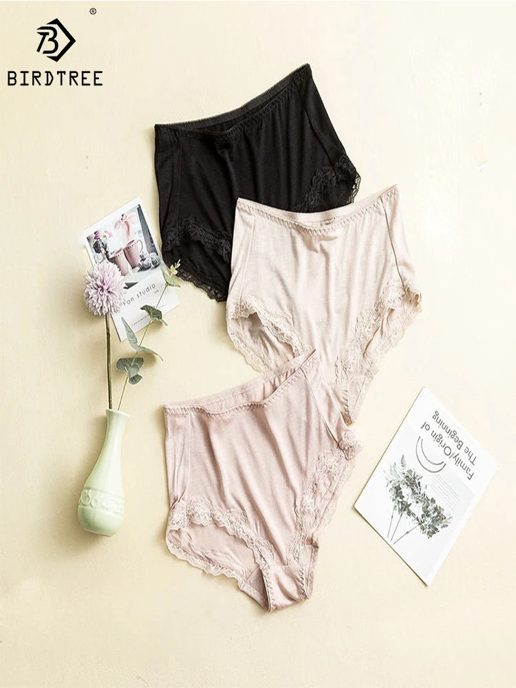 Birdtree 100% Silk 1PC Women Mid High Waist Briefs Lace Sexy Seamless Breathable Soft Comfortable Panties P38417QD