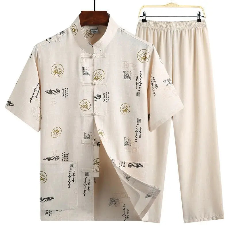 Men's Red Two-piece Summer Set: A Short Jacquard Shirt in Chinese Style Paired with Elastic-waist Pants. White, Gray, Beige-Blue
