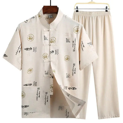 Men's Red Two-piece Summer Set: A Short Jacquard Shirt in Chinese Style Paired with Elastic-waist Pants. White, Gray, Beige-Blue