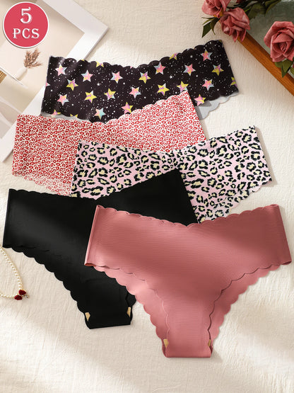 5-Piece Set of Women's Seamless Invisible Triangle Panties, Fully Printed Design, Comfortable and Stretchy Women's Underwear
