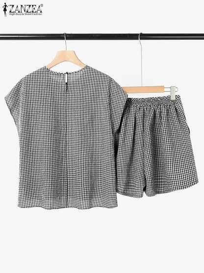 ZANZEA 2025 Vintage Short Sleeve Plaid Checked Blouses Short Sets Summer 2PCS Women Matching Sets Casual Outfits Loose Tracksuit