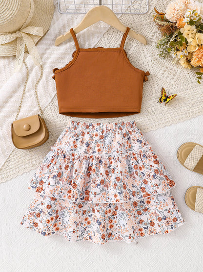 Spring Summer Girls Fashion Casual 2-piece dress Brown petal edge sleeveless vest + floral pleated cake knee-length skirt set