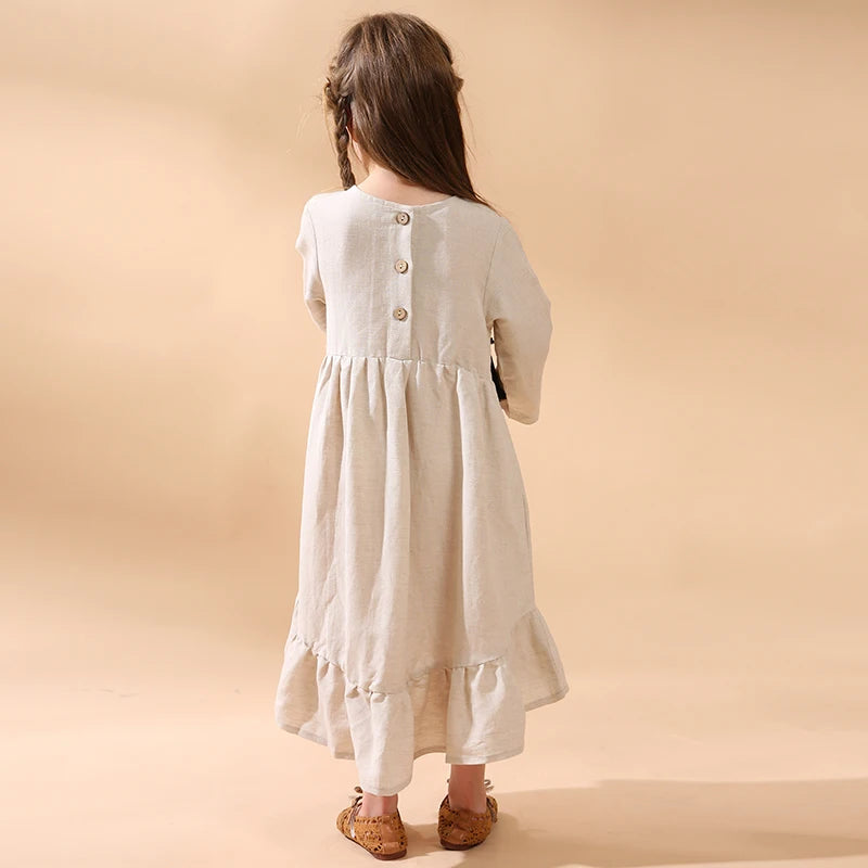Girls' Linen Princess Dress 2026 Autumn New Children O-neck Long-Sleeve Ruffle Viscose And Linen Dresses Baby Kids Clothing TZ64