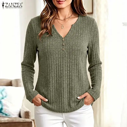 ZANZEA Women Ribbed Knit T-Shirts Casual V-Neck Long Sleeve Regular Fit Solid Color Blouses 2026 Autumn Daily Wear Pullover Tops