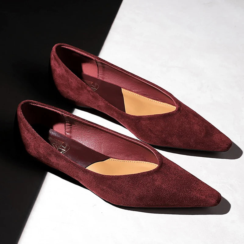 2026 New Ladies' Wedge Shoes Suede Low Heeled Women's Shoes Non-Slip Comfort Ladies Shoes Large Size 43 Pointed Low Heeled Shoes
