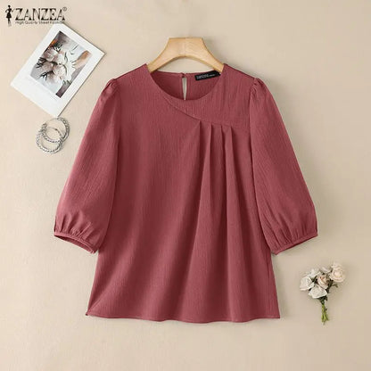 ZANZEA Women's Elegant Pleated Detail Blouses O-Neck 3/4 Puff Sleeve Crinkled Fabric Tops Solid Color Casual Blusas de Mujer 3XL