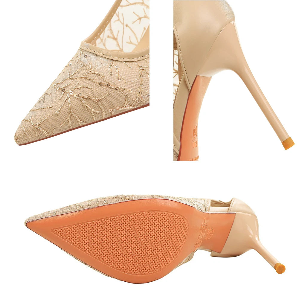 BIGTREE Shoes Women Pumps Hollow Lace Mesh High Heels Sexy Party Shoes Stiletto Heels 9.5 cm Pointed Tip Female Banquet Shoes