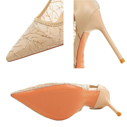 BIGTREE Shoes Women Pumps Hollow Lace Mesh High Heels Sexy Party Shoes Stiletto Heels 9.5 cm Pointed Tip Female Banquet Shoes