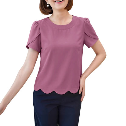 ZANZEA Women Elegant Scalloped Hem Blouses Short Petal Sleeves O-Neck Solid Color Tops Summer Casual Daily Wear Blusas de Mujer