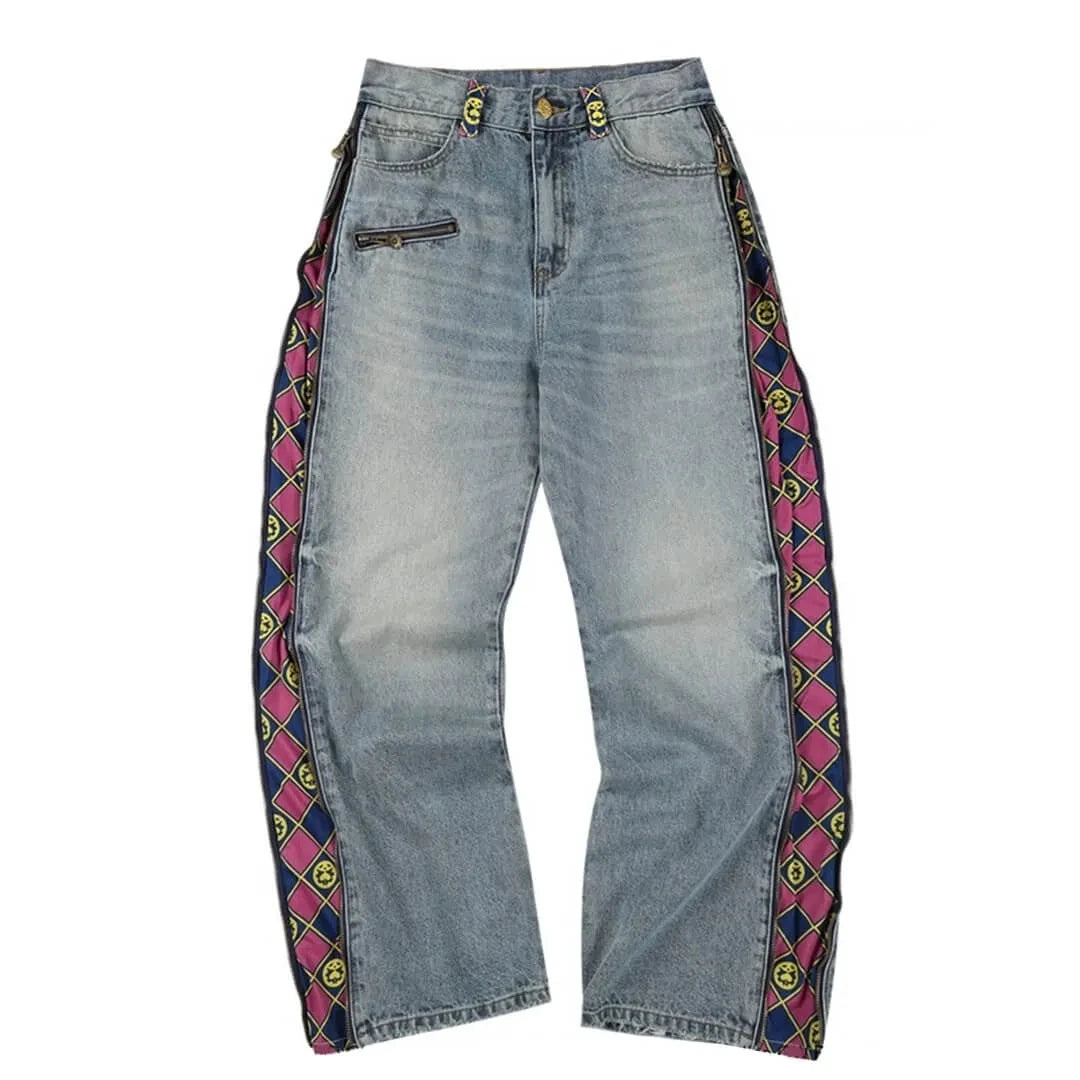 JoJo Anime Zip Off Panel Jeans Men Women High Waist Wide Leg Detachable Print Denim Pants Purple Gold Patchwork Straight Jeans