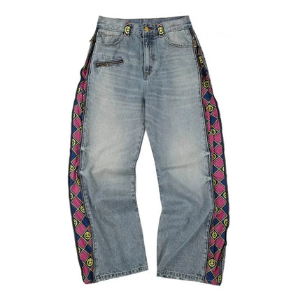 JoJo Anime Zip Off Panel Jeans Men Women High Waist Wide Leg Detachable Print Denim Pants Purple Gold Patchwork Straight Jeans