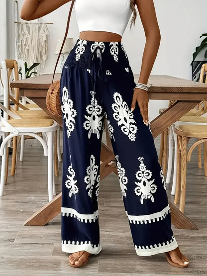 Women Fashion Plus Size 1XL-5XL Floral Print Wide Leg Pants Female Casual  Elegant Drawstring High Waisted Loose Long Trousers