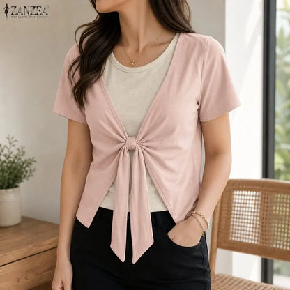 ZANZEA Summer Women Blouse Short Sleeve Fashion Tops Casual O Neck Patchwork Tee Party OL Work Blusas Tunic S-3XL Streetwear