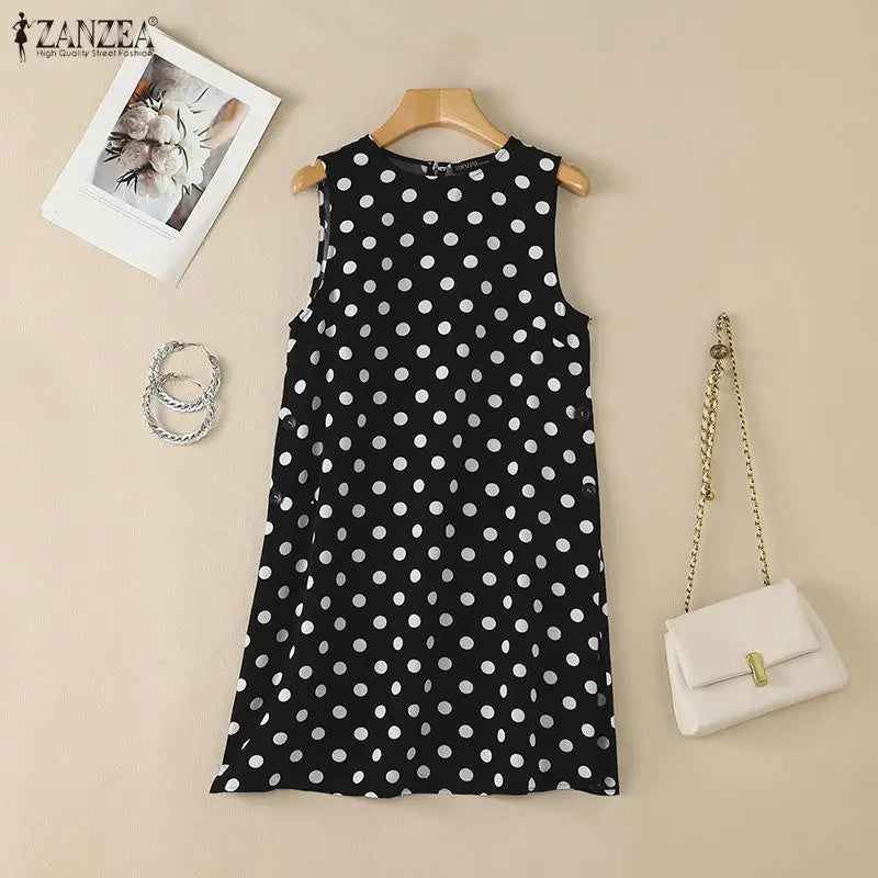 ZANZEA Women Summer Fashion Long Tank Tops Polka Dots O-Neck Sleeveless Side Slit Knee-Length Tops Casual Everyday Wear Tanks