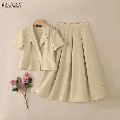 ZANZEA Summer Office 2 Piece Sets Women Outfits 2026 Elegant Lapel Neck Short Sleeve Shirt Dress Suit Stylish OL Work Skirt Sets