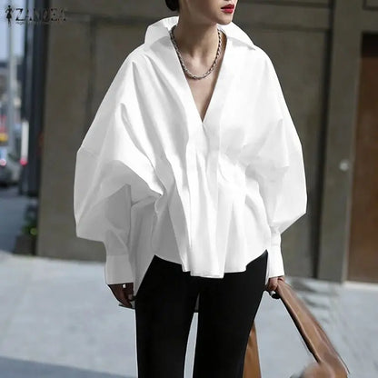 ZANZEA Women's Stylish Chic Oversized Blue Blouses Turn-Down V-Neck Lantern Sleeves High-Low Hem Tops Minimalist Solid Blouse