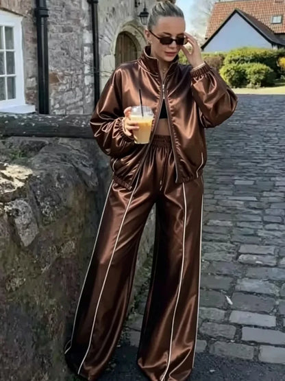 Satin Tracksuit Zip-up Set Long Sleeve Women's Jacket Wide Leg Pants Summer Lady Fashion Casual Daily Street Sportswear 2026 New