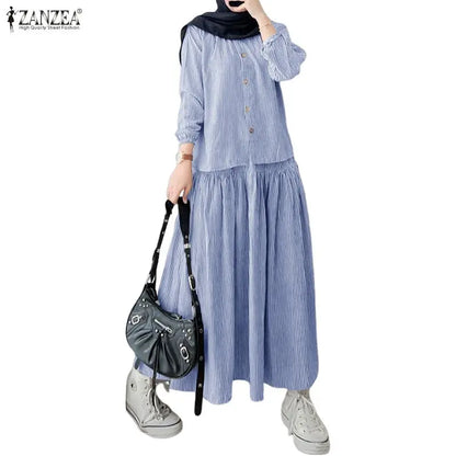 ZANZEA Women's Loose Striped Skirt Suits Long Sleeve Shirt & A-Line Long Skirt 2 Pieces Sets Female Muslim Fashion Casual Outfit