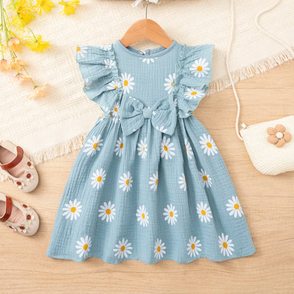 Girls' summer daisy print dress, cotton muslin sweet bowknot dress, ruffle sleeve breathable lightweight dress