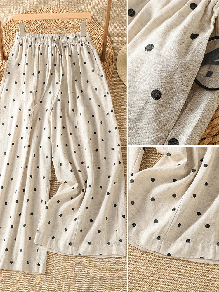 Polka Dot Wide Leg Pants Elastic Waist Tie Dye Slimming Loose Harlan Summer Vintage Style Ladies High Waist Straight Tube