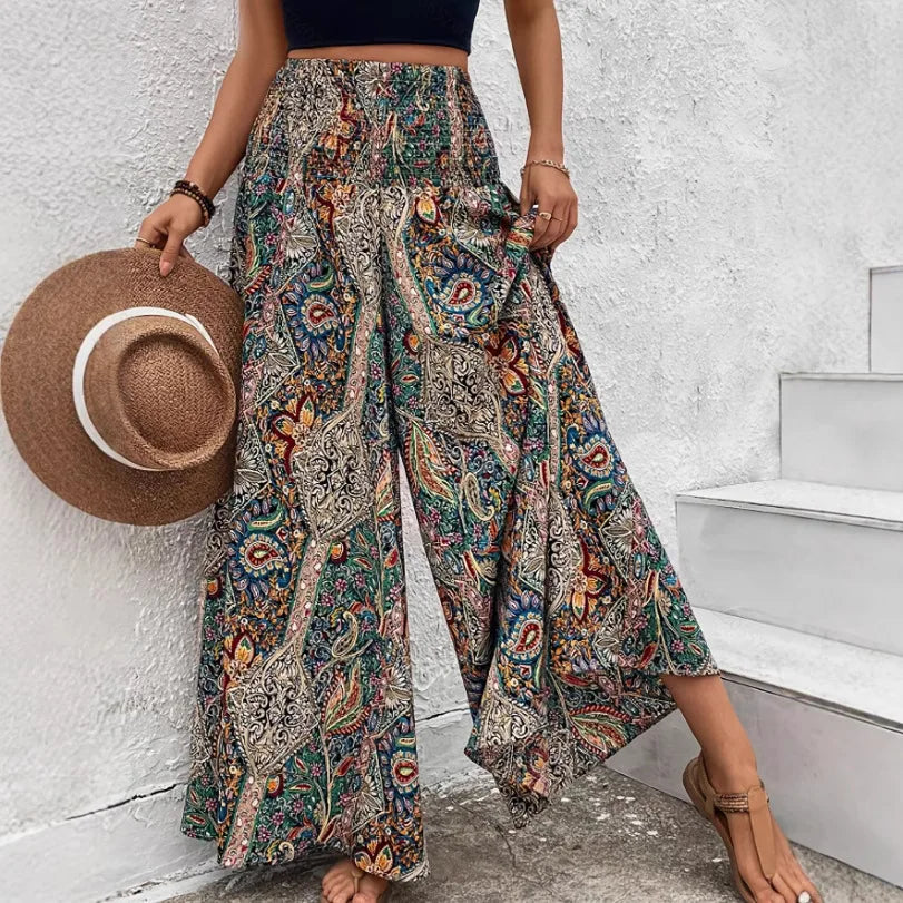 Bohemian Wide Leg Pants Retro Colorful Print High Waist Loose Casual Trousers Boho Palazzo Pants