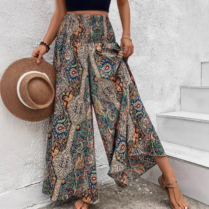 Bohemian Wide Leg Pants Retro Colorful Print High Waist Loose Casual Trousers Boho Palazzo Pants