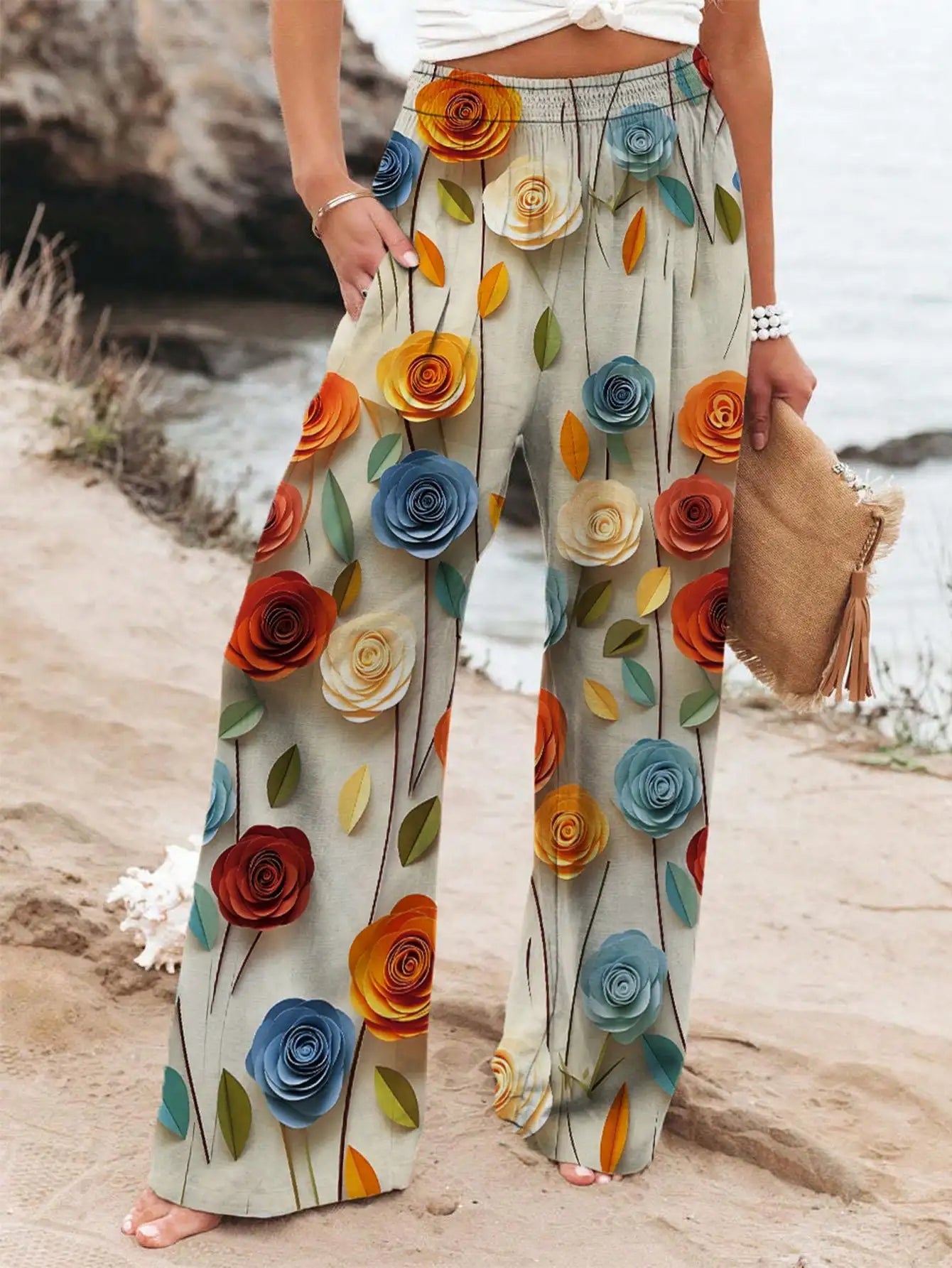 2025 Women's New Floral Print Loose Pants Casual Elastic Waist Wide Leg Straight Trousers Drawstring Design Relaxed-Fit Pants