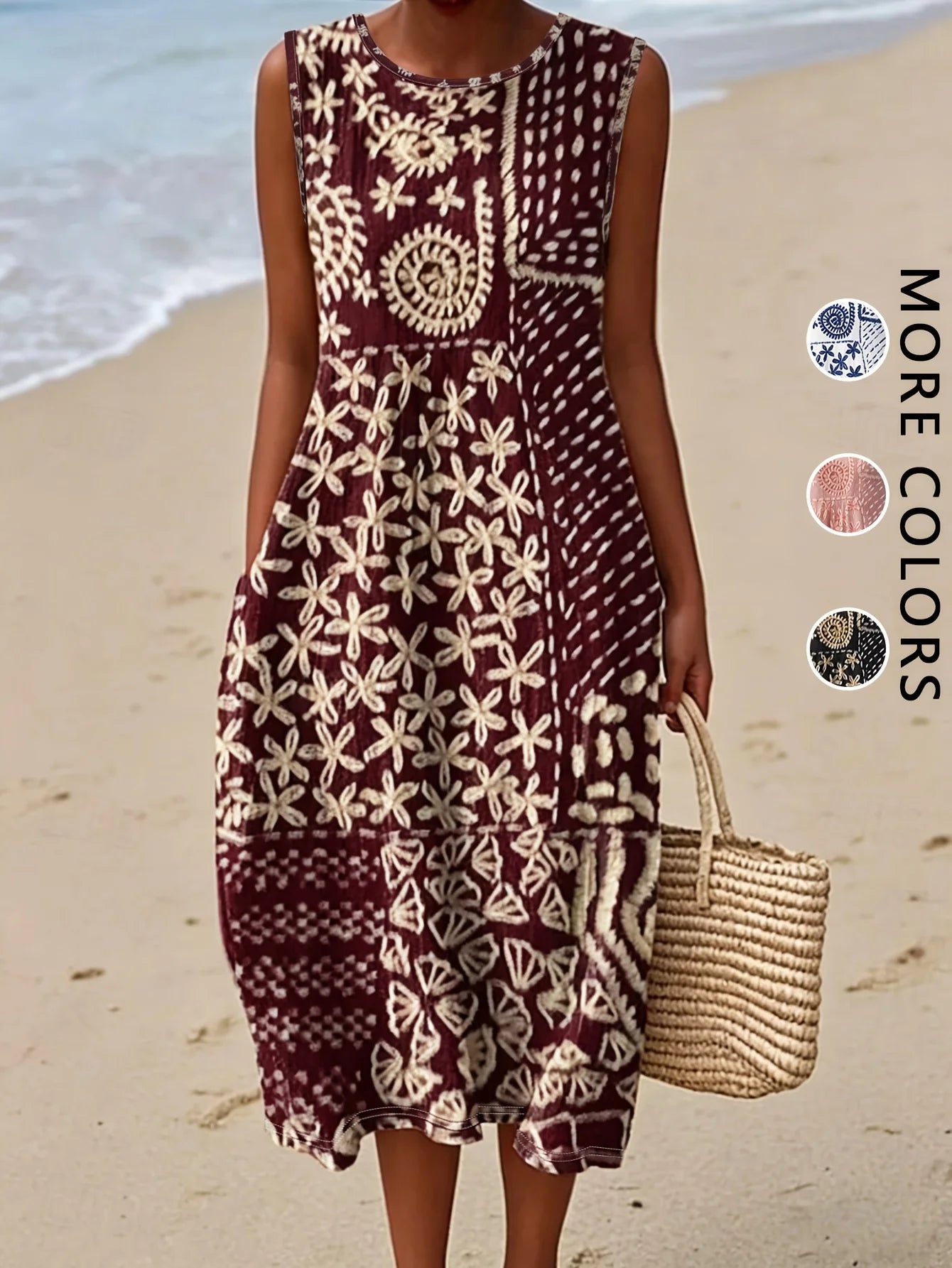 2026 Women's Sleeveless Bohemian Floral Casual Beach MIDI Sundress With Pockets Flowing and Loose Sweetheart Rustic Country