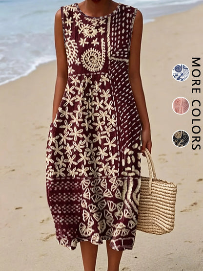 2026 Women's Sleeveless Bohemian Floral Casual Beach MIDI Sundress With Pockets Flowing and Loose Sweetheart Rustic Country