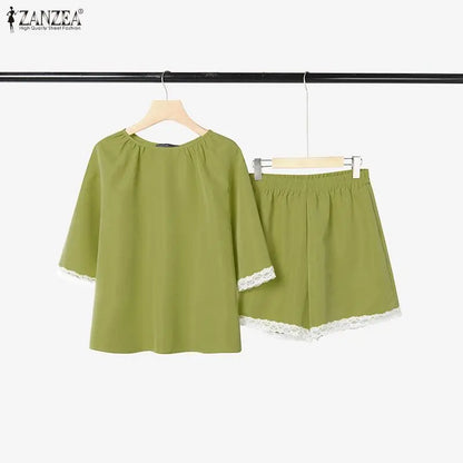 ZANZEA Fashion Summer 2 Pieces Sets Holiday Outfits Women O Neck Short Sleeve Blouse Short Sets Casual Lace Patchwork Tracksuit