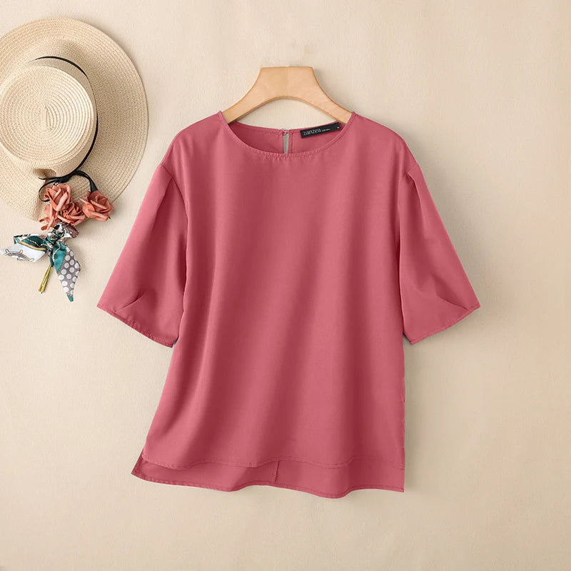 ZANZEA 2026 Summer Casual Blouses Woman O-Neck Half Puff Sleeves Solid Color Loose Tops Minimalist Everyday Wear Blusas de Mujer