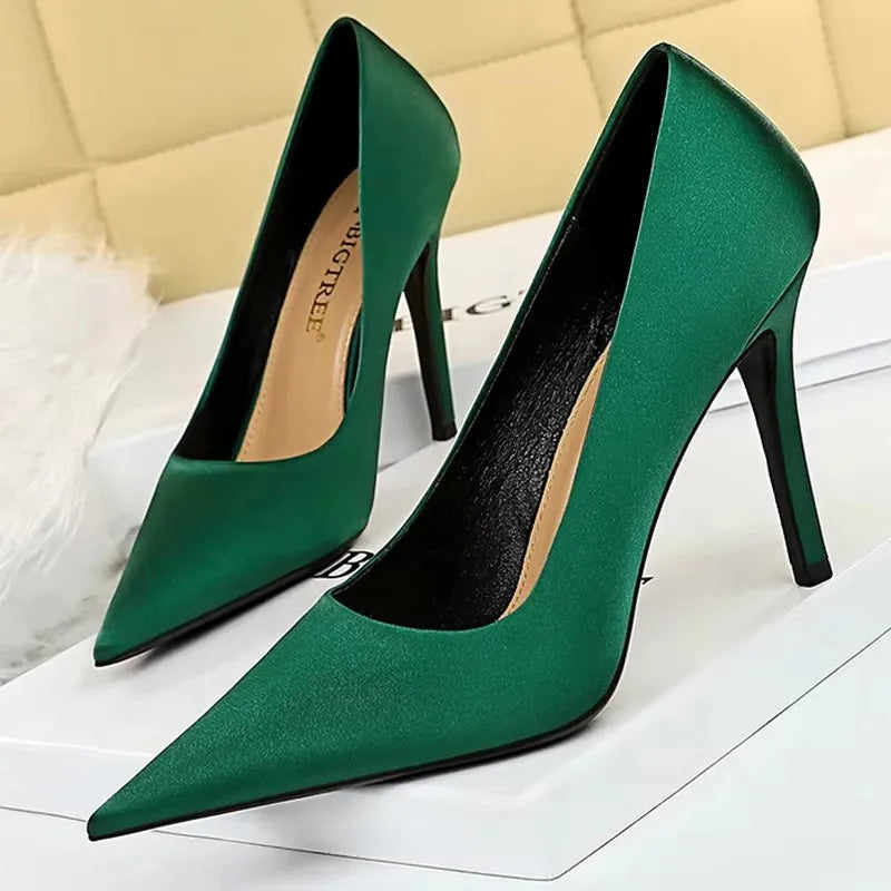 BIGTREE Shoes Silk Satin Woman Pumps Fashion High Heels 2026 New Stiletto 10 Cm Heels Sexy Party Shoes Lady Pumps Large Size 43