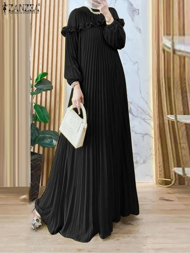 Muslim Elegant Maxi Dresses 2025 ZANZEA Spring Fashion Women Long Sleeve Pleated Party Sundress IsIamic Robe Turkey Dubai Abaya