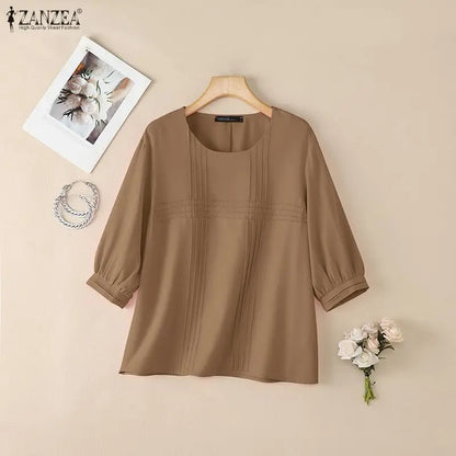 ZANZEA Woman Casual Minimalist Blouses Summer Pintuck Detailing O-Neck 3/4 Puff Sleeve Solid Color Tops Everyday Blusas de Mujer